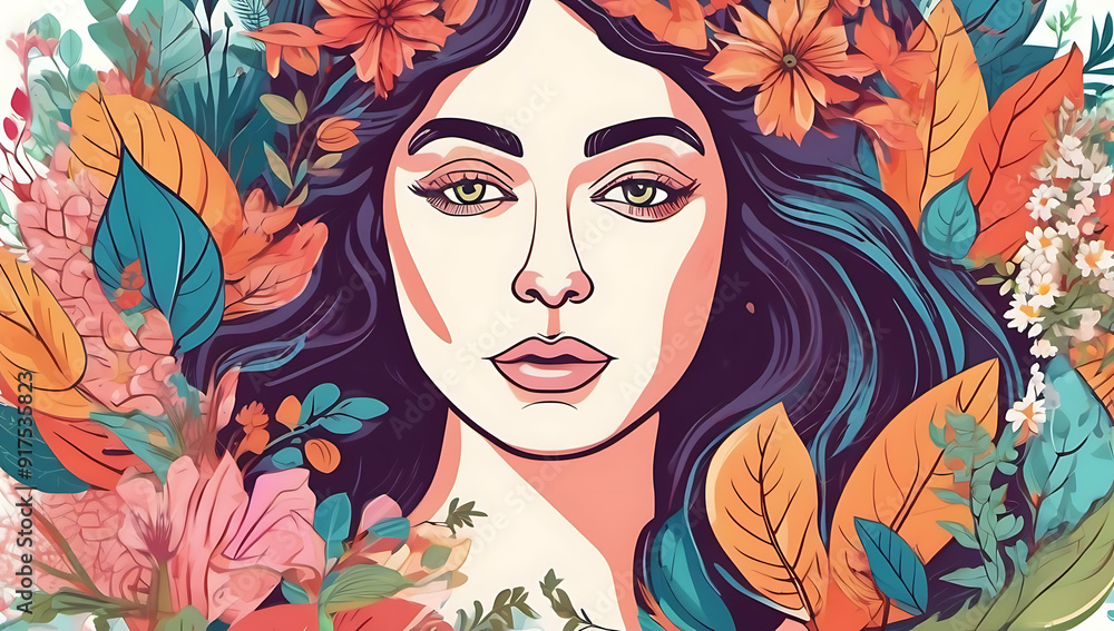 beautiful retro asian woman floral garden flowers leaves colorful vintage spring summer beautiful retro asian woman floral garden flowers leaves colorful vintage spring summer