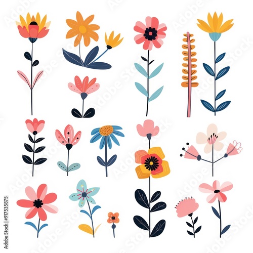 colorful minimalist flowers illustration set with an uniform white background