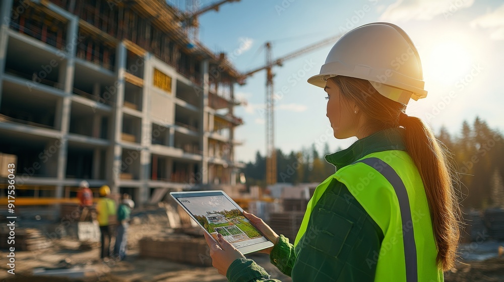 Obraz premium confident female engineer in a white helmet and a green reflective vest is overseeing the operation
