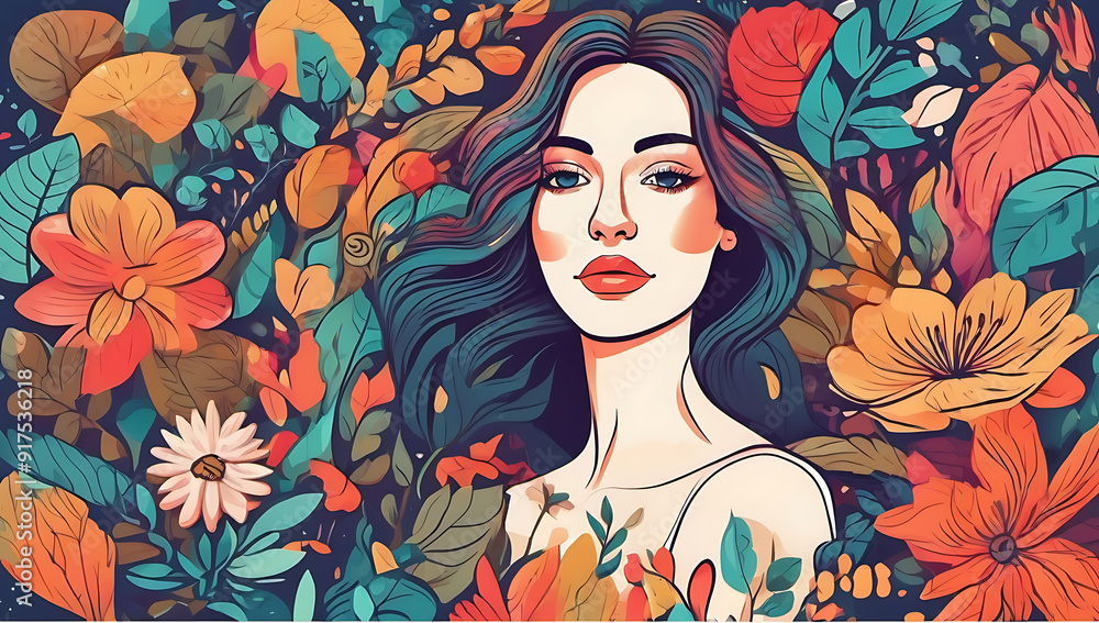 beautiful retro asian woman floral garden flowers leaves colorful vintage spring summer beautiful retro asian woman floral garden flowers leaves colorful vintage spring summer