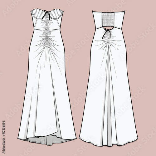 Strapless Gown or Dress. Evening Dress or Bridal. Vector Illustration. Fashion Illustration. Cad Flat. Illustrator Vector File. PNG. JPG