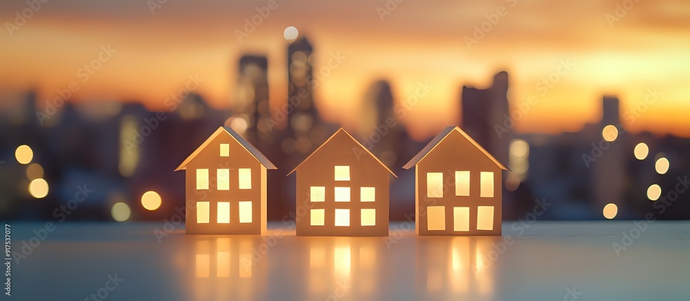 Three Paper Houses Glowing in a Cityscape Silhouette at Sunset Three Paper Houses Glowing in a Cityscape Silhouette at Sunset