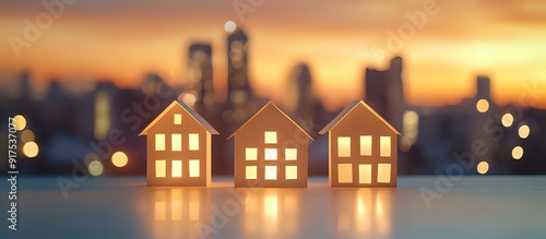 Three Paper Houses Glowing in a Cityscape Silhouette at Sunset