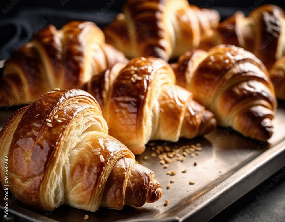 Assortment of golden-brown croissants rests on rustic tray. Warm fragrant aroma fills cozy kitchen. Inviting display suggests relaxing morning gathering, ideal breakfast brunch with family friends Assortment of golden-brown croissants rests on rustic tray. Warm fragrant aroma fills cozy kitchen. Inviting display suggests relaxing morning gathering, ideal breakfast brunch with family friends