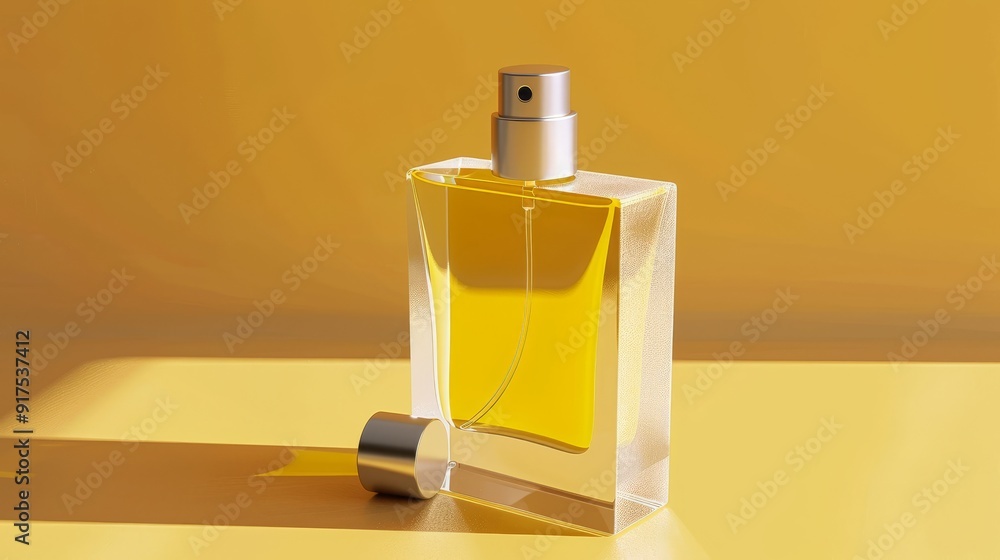 A clear glass bottle of perfume with a silver cap and yellow liquid, sitting on a yellow background. A clear glass bottle of perfume with a silver cap and yellow liquid, sitting on a yellow background.