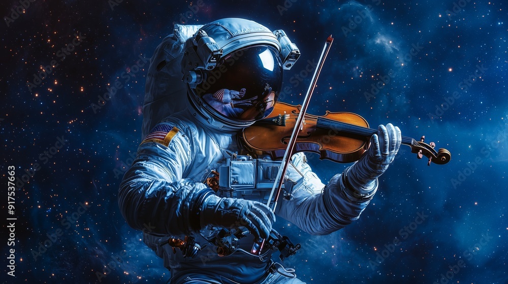 Fototapeta premium A photo of an engineer focused in a spacesuit playing a violin, isolated on a dark galaxy blue background