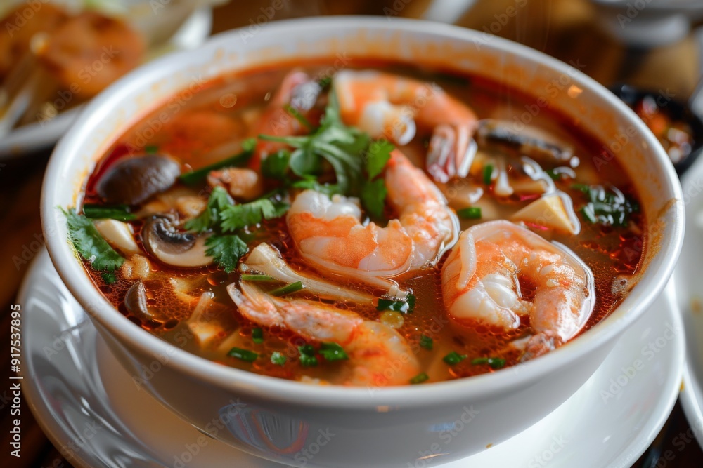 Tom Yum: A bowl of spicy and sour tom yum soup with shrimp and mushrooms Tom Yum: A bowl of spicy and sour tom yum soup with shrimp and mushrooms