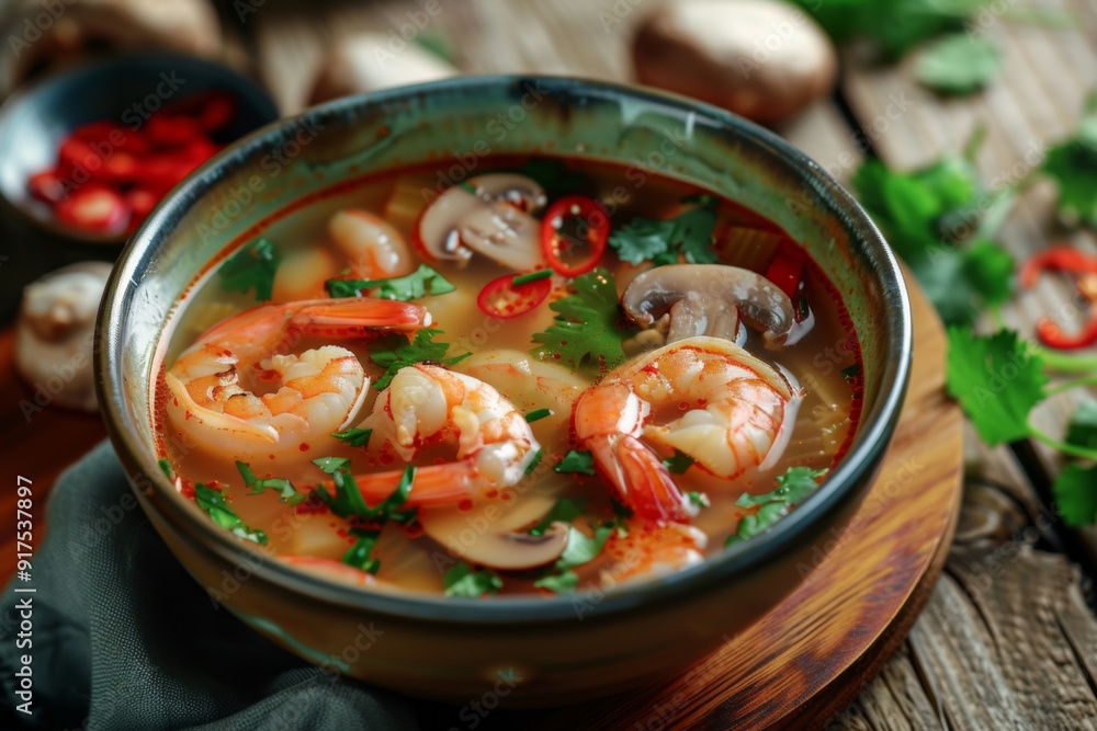 Tom Yum: A bowl of spicy and sour tom yum soup with shrimp and mushrooms Tom Yum: A bowl of spicy and sour tom yum soup with shrimp and mushrooms