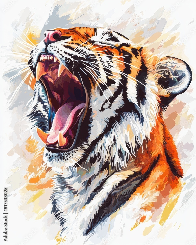 Fototapeta premium Vibrant Digital Painting of a Roaring Tiger with Open Mouth and Detailed Fur in Abstract Style