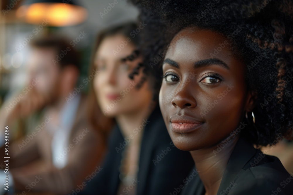 Obraz premium Young black businesswoman in focus during office meeting