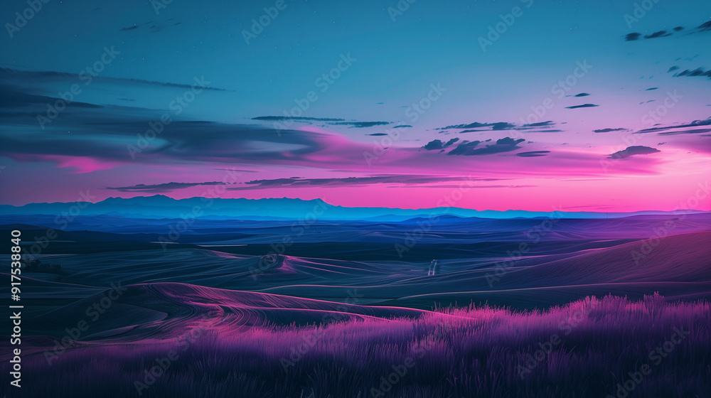 Fototapeta premium Surreal dusk landscape with vivid pink and blue hues, rolling hills, and a colorful sky, creating a dreamlike atmosphere