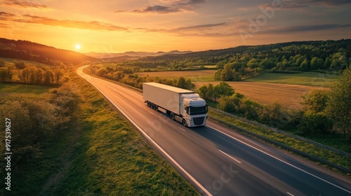 White Semi-Truck Driving on a Highway at Sunset