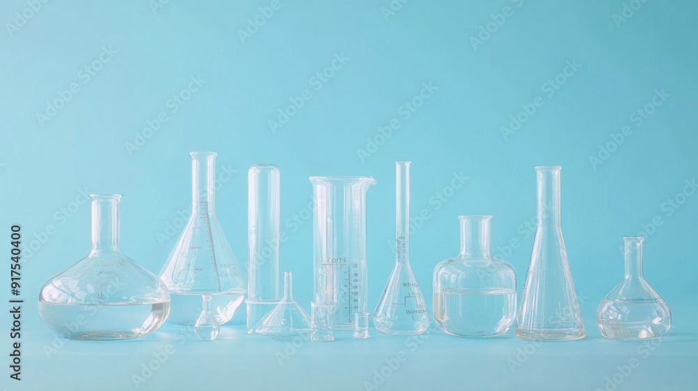 A Row of Glass Flasks on a Light Blue Background