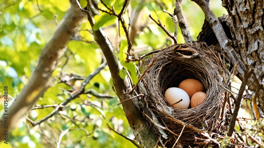 Lovely eggs of robin lie quietly in the nest built in a tree, widescreen 16:9, 300 dpi, with space for text Lovely eggs of robin lie quietly in the nest built in a tree, widescreen 16:9, 300 dpi, with space for text
