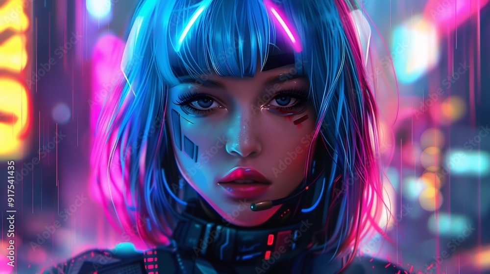 Beautiful cyberpunk cyborg girl on blur city background Beautiful cyberpunk cyborg girl on blur city background