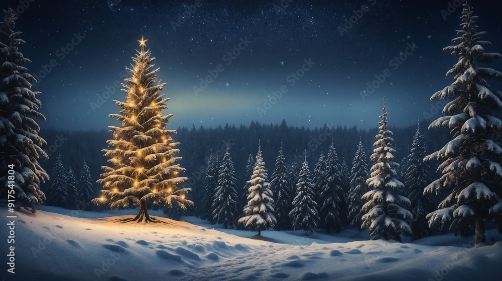 Christmas Tree in Snowy Forest at Night Christmas Tree in Snowy Forest at Night