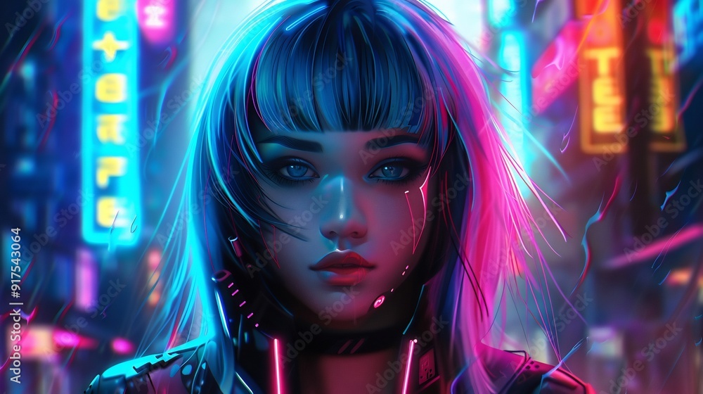 Beautiful cyberpunk cyborg girl on blur city background Beautiful cyberpunk cyborg girl on blur city background