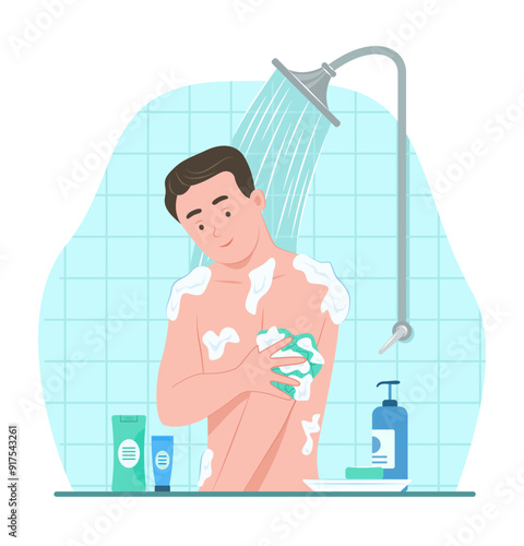 Handsome Man Taking a Shower in Bathroom for Healthcare Concept Illustration