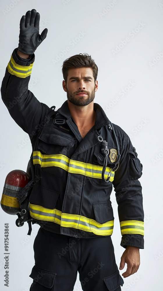 A fire fighter waving on a plain studio background setting. A fire fighter waving on a plain studio background setting.