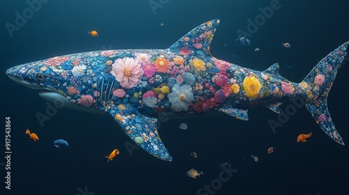 A blue shark with a floral cloisonne skin, swimming in the deep ocean.