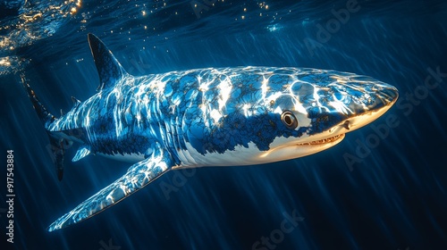 A blue shark with a floral cloisonne skin, swimming in the deep ocean.