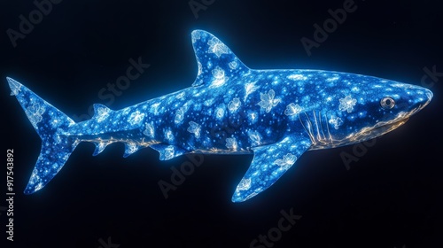 A blue shark with a floral cloisonne skin, swimming in the deep ocean.