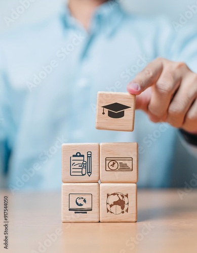 wooden blocks with online e-learning icons representing the concept of online education. generative ai