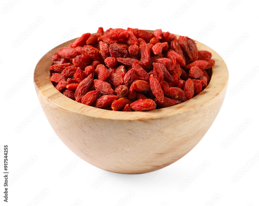 Dried goji berries in wooden bowl isolated on white Dried goji berries in wooden bowl isolated on white