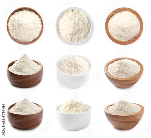 Collage with coconut flour in bowls isolated on white, top and side views