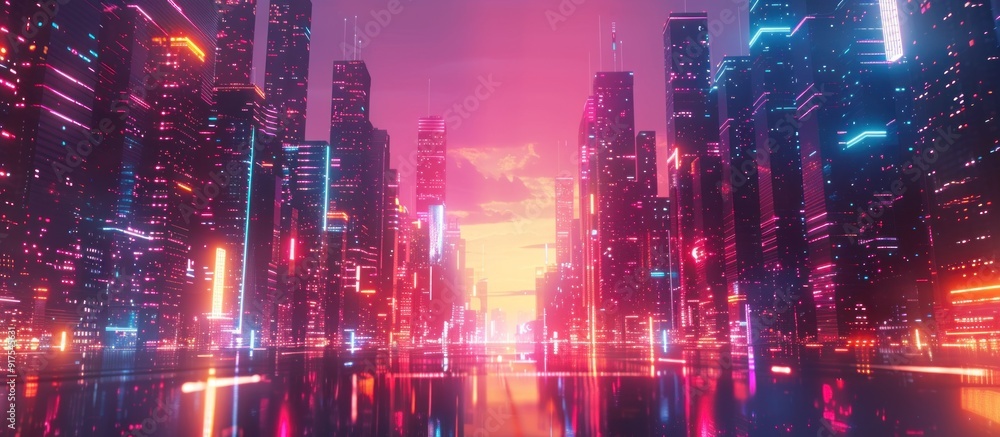 Obraz premium Neon Cityscape at Sunset