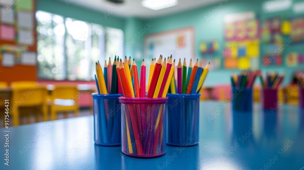 Colorful Pencils in a Classroom. Colorful Pencils in a Classroom.