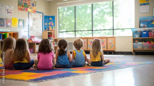 Children Sitting on a Rug in a Classroom.