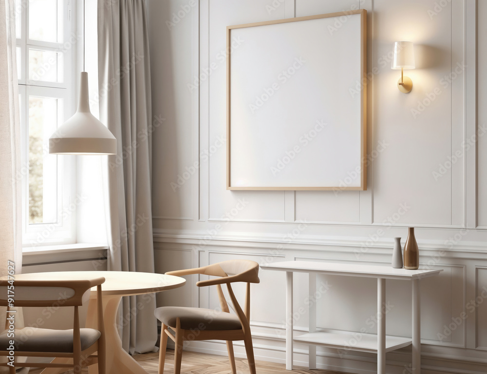Modern dining room with white walls showing empty frame mockup Modern dining room with white walls showing empty frame mockup