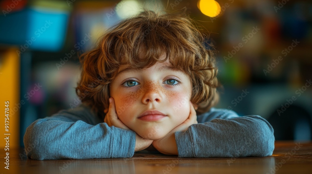 Portrait of a thoughtful young boy with freckles and curly hair. Portrait of a thoughtful young boy with freckles and curly hair.