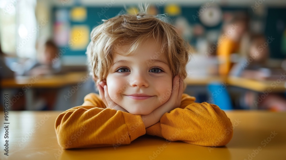 Cute Boy Sitting At A Desk In Classroom. Cute Boy Sitting At A Desk In Classroom.