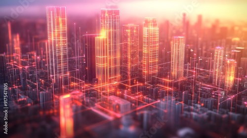 Digital Cityscape with Luminous Skyscrapers and Data Streams, Symbolizing Technological Integration in Urban Life