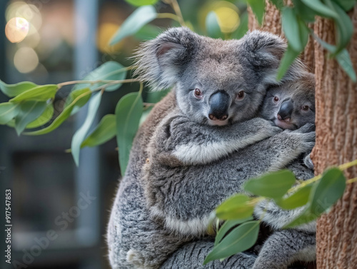 A mother koala is holding her baby koala photo