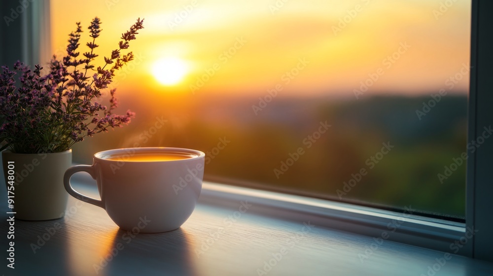 Cup of Tea on Windowsill at Sunset. Cup of Tea on Windowsill at Sunset.