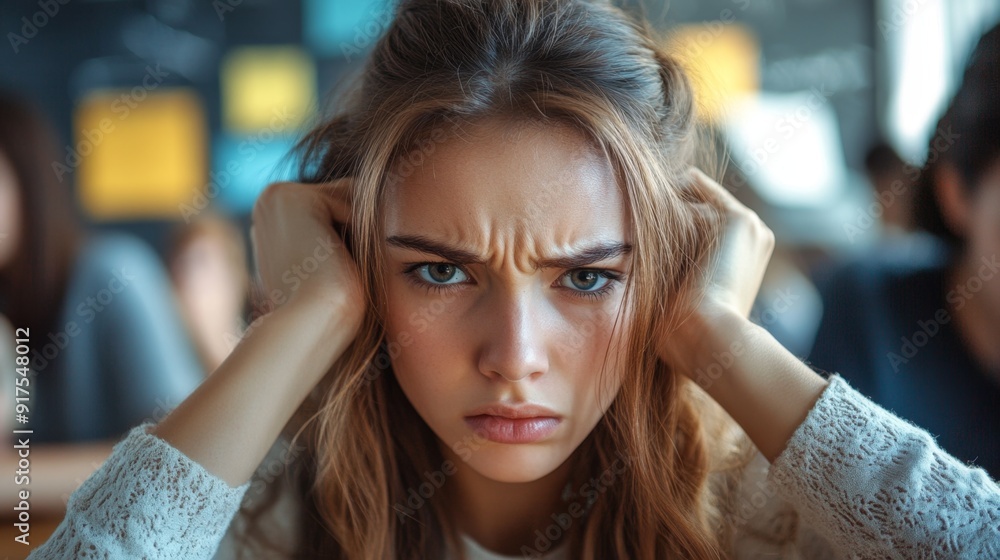 Fototapeta premium Young woman with furrowed brow and intense gaze.