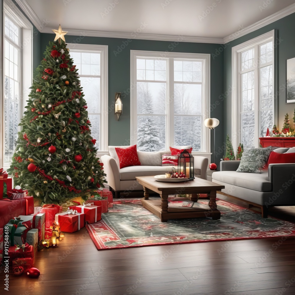 AI Generative image of modern living room with a decorated Christmas tree and gifts, creating a cozy and festive holiday atmosphere AI Generative image of modern living room with a decorated Christmas tree and gifts, creating a cozy and festive holiday atmosphere
