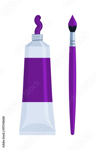 Purple paint tube with paintbrush icon. Flat vector illustration isolated on white background. Art supplies and painting concept. Perfect for educational materials and creative projects