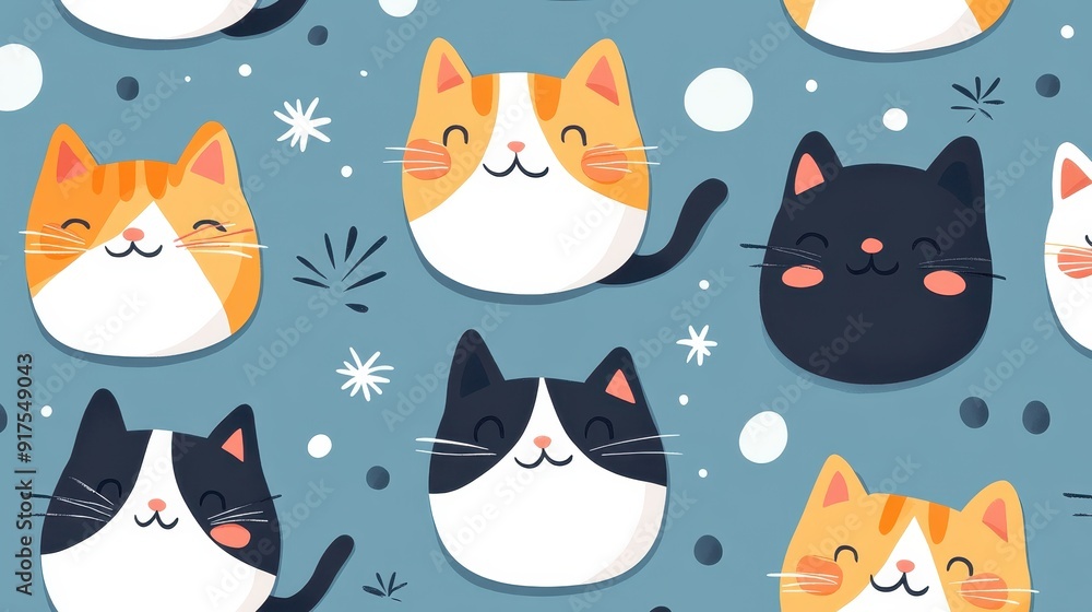 Fototapeta premium Cute Cartoon Cat Pattern with Various Adorable Cat Faces on a Blue Background