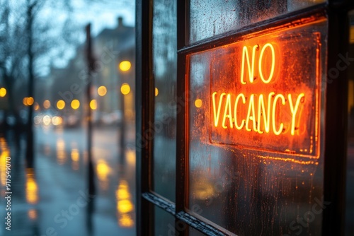 Neon No Vacancy Sign on Rainy Evening in City photo