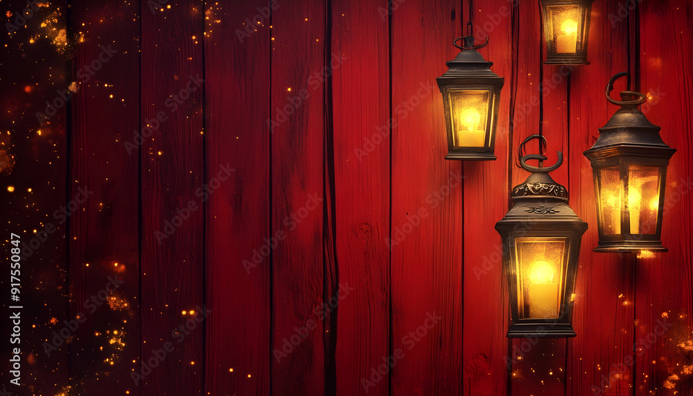 Illustration of small decorative lamps glowing against a red wooden background Illustration of small decorative lamps glowing against a red wooden background