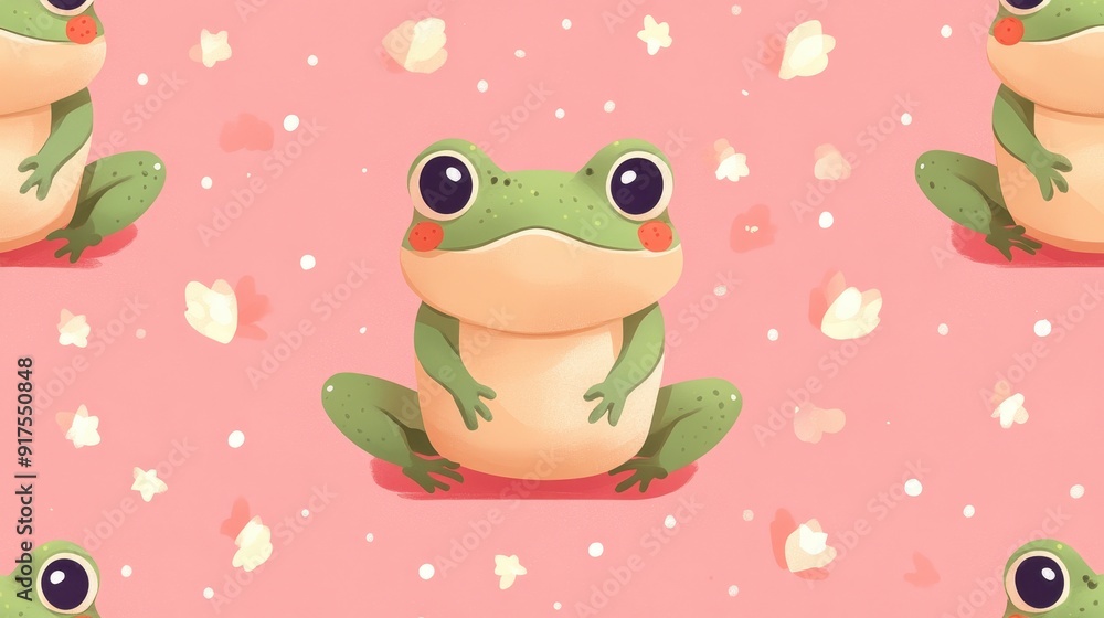Cute Cartoon Frogs on Pink Background with Floating Petals and Polka Dots Cute Cartoon Frogs on Pink Background with Floating Petals and Polka Dots