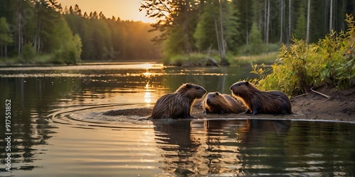 Panoramic, nature photograph capturing a serene lakeside scene at sunset   photo