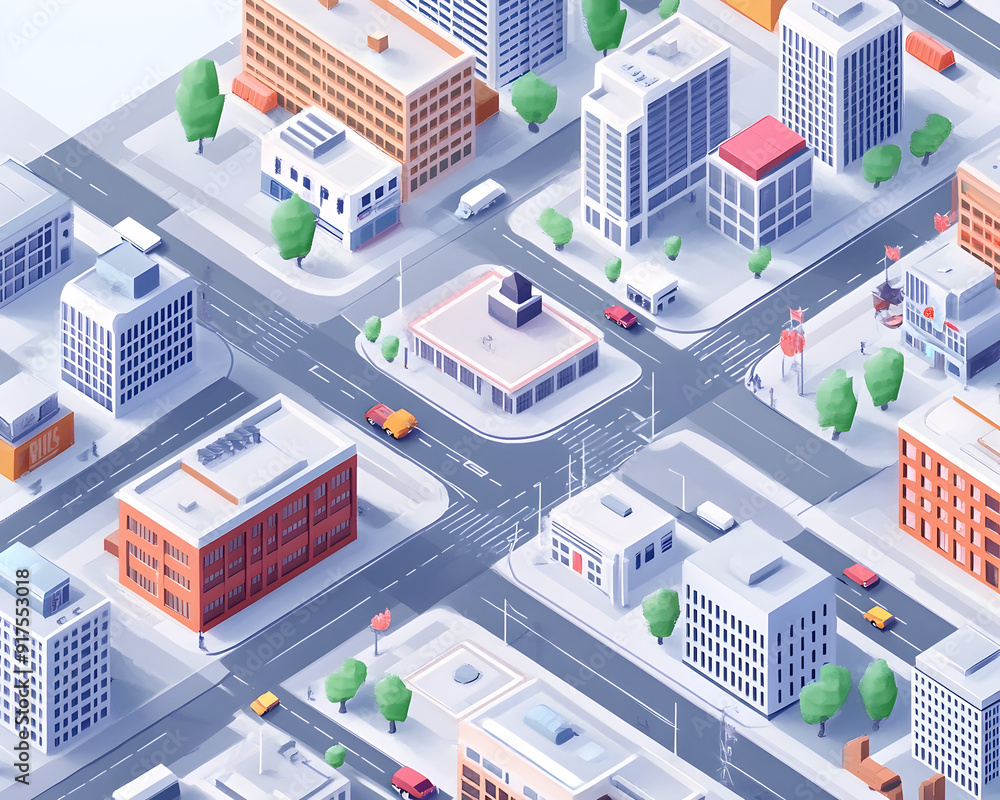 Top-down city map scene with roads and buildings, 3D isometric illustration Top-down city map scene with roads and buildings, 3D isometric illustration