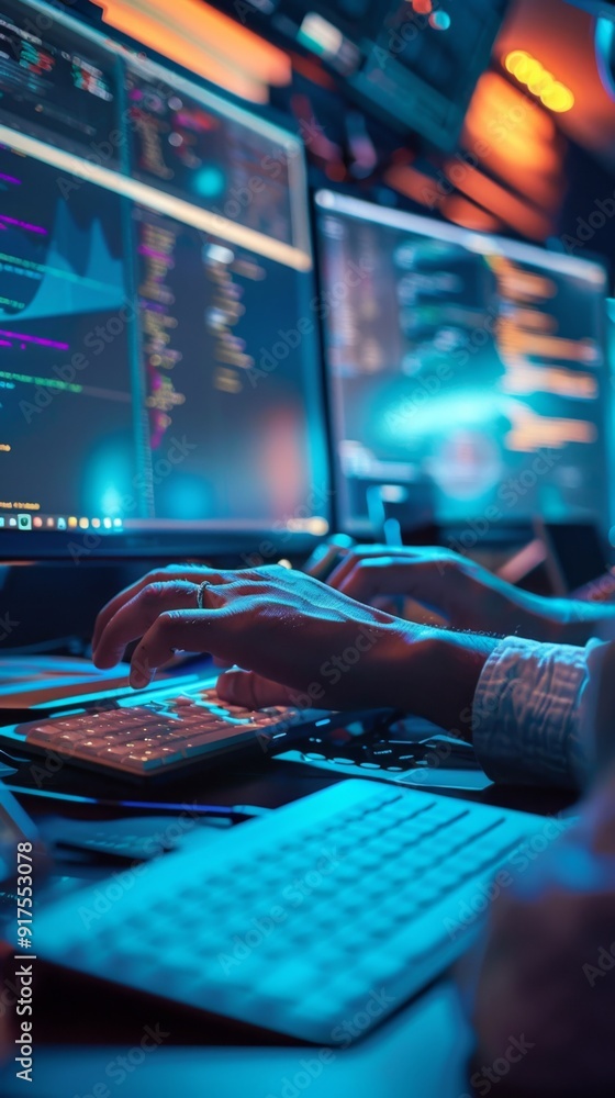 Professional coder immersed in programming at a vibrant workstation in ...