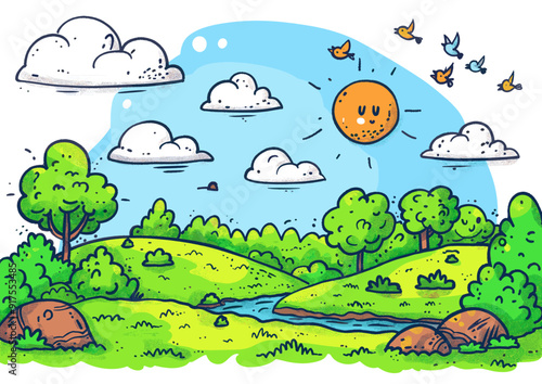 Cheerful cartoon landscape with bright sun, fluffy clouds, and birds over a green meadow with trees, rocks, and a flowing stream