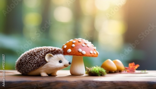 キノコとかわいいハリネズミの置き物とコピースペース（Mushroom and cute hedgehog figurines and copy space）
 photo